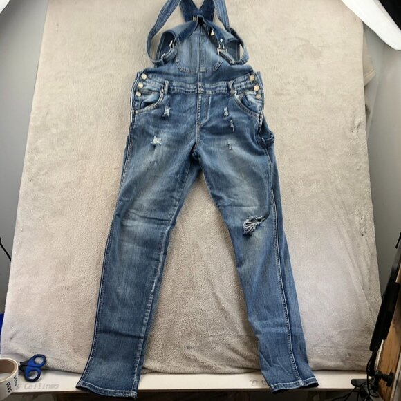 Vintage Indigo Rein Womens Denim Overalls 13/30 Blue Distressed Cargo Skinny Leg - Picture 14 of 15